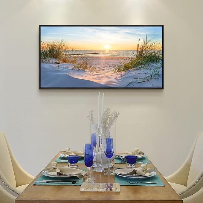 MHARTK66 Sea Beach Framed Canvas Wall Art For Living Room Wall Decor For Office Bedroom Wall Decorations Sun Seascape Large Painting Blue Ocean Canvas Pictures Artwork Black Wood Framed 20" X 40"