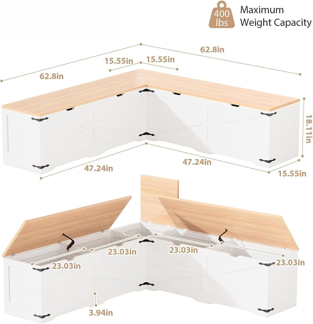 L Shape Storage Bench, Kitchen Breakfast Nook Bench, Farmhouse Corner Bench with Storage for Entryway, Dining Room, Kitchen