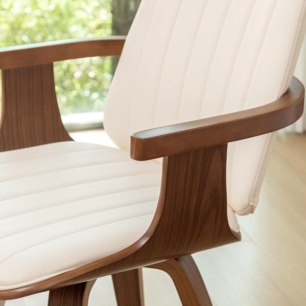 Mid Century Modern Dining Chairs, Swivel Dining Chairs with Arms Walnut | Natural Bentwood Frame, Faux Leather Upholstered Seat , Wooden Arms and Legs, Leather Swivel Chairs for Kitchen, Dining Room