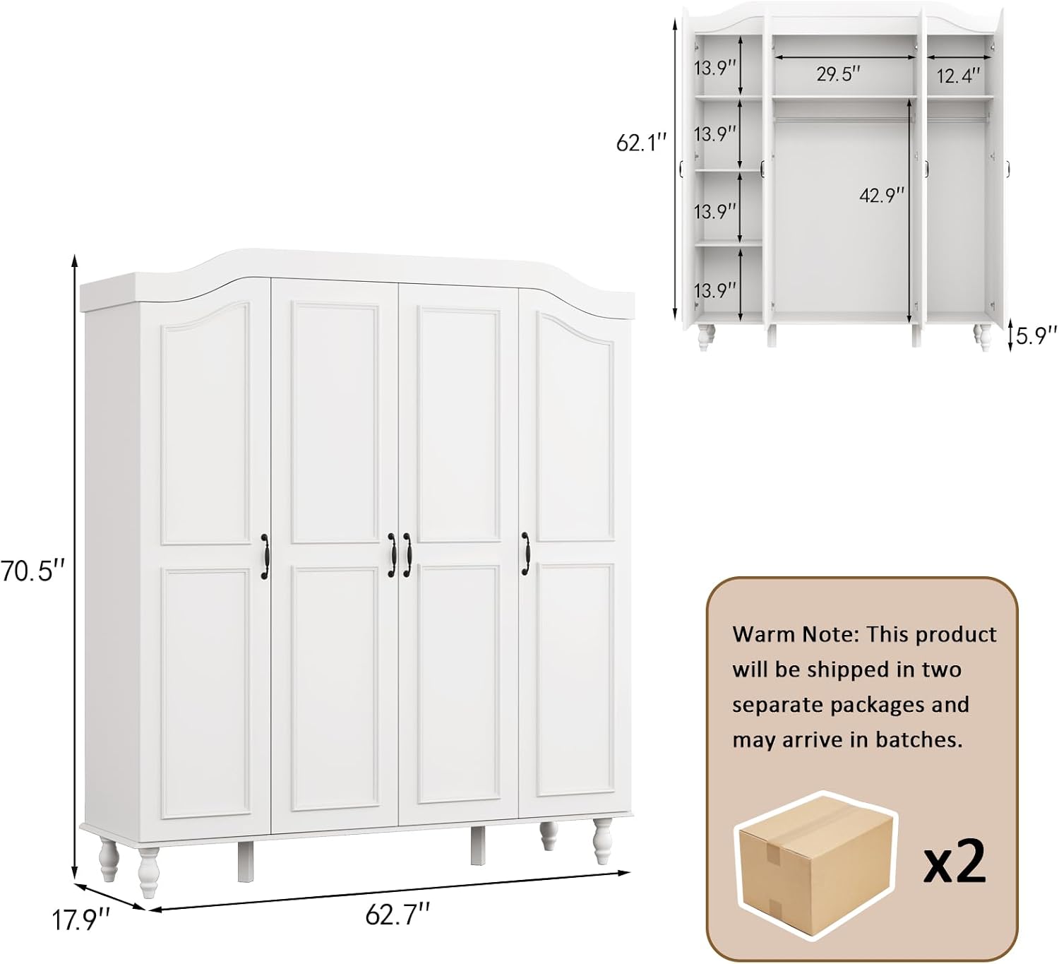 71" H Arched Armoire Wardrobe Closet with 4 Doors, Wooden, White | Large Capacity Wardrobe Cabinet with 2 Hanging Rods and 8 Shelves,Freestanding Armoire Storage Cabinet for Bedroom,Cloak Room