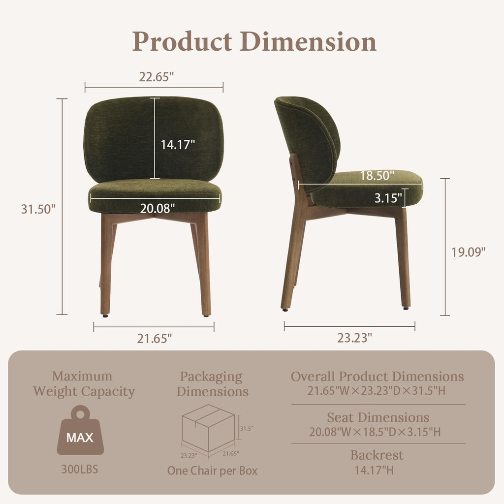YOUNUOKE Single Dining Chair Modern Dining Room Chair Green | Upholstered Chenille Fabric Kitchen Chair, Widen Curved Backrest Comfy Side Accent Chairs with Wide Padded, Wood Legs