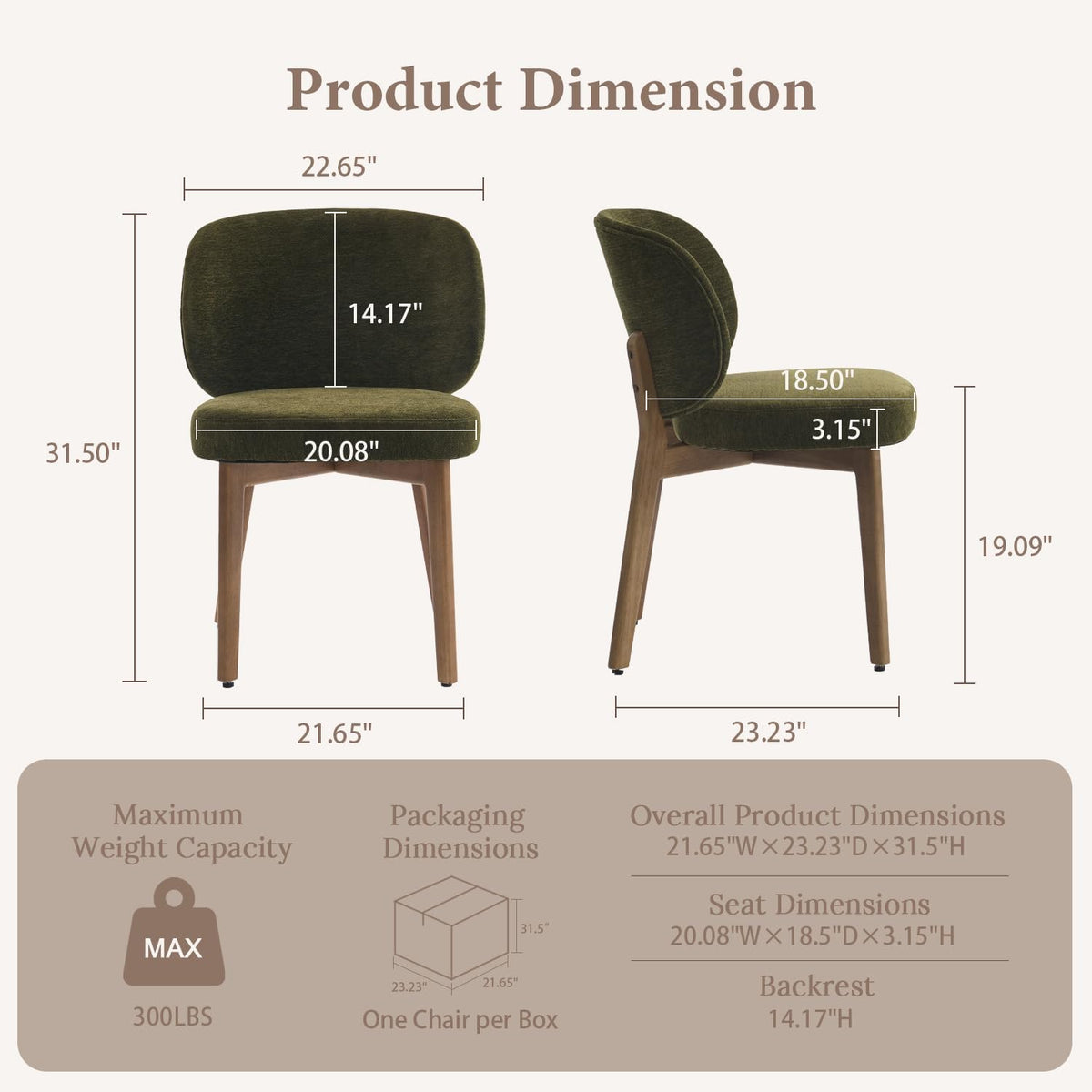 YOUNUOKE Single Dining Chair Modern Dining Room Chair Green | Upholstered Chenille Fabric Kitchen Chair, Widen Curved Backrest Comfy Side Accent Chairs with Wide Padded, Wood Legs