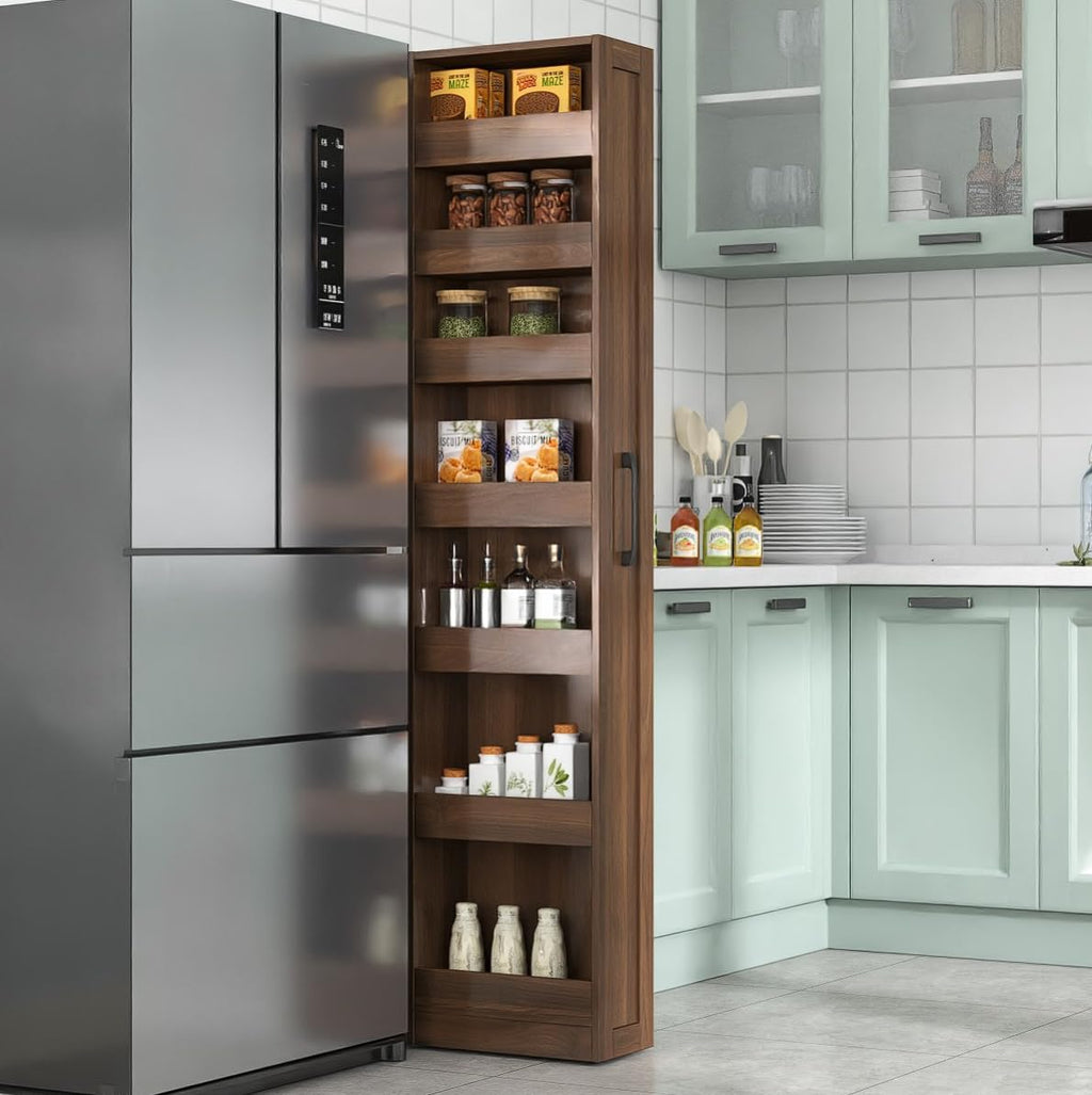 KEIKI 7 Tier Pull-Out Kitchen Pantry Storage Cabinet, Multi-Tier Single-sided Open Shelf, Spice Rack Next to Fridge, Freestanding Wood Hutch Food Pantries Cupboard for Dining Room, Narrow Spaces