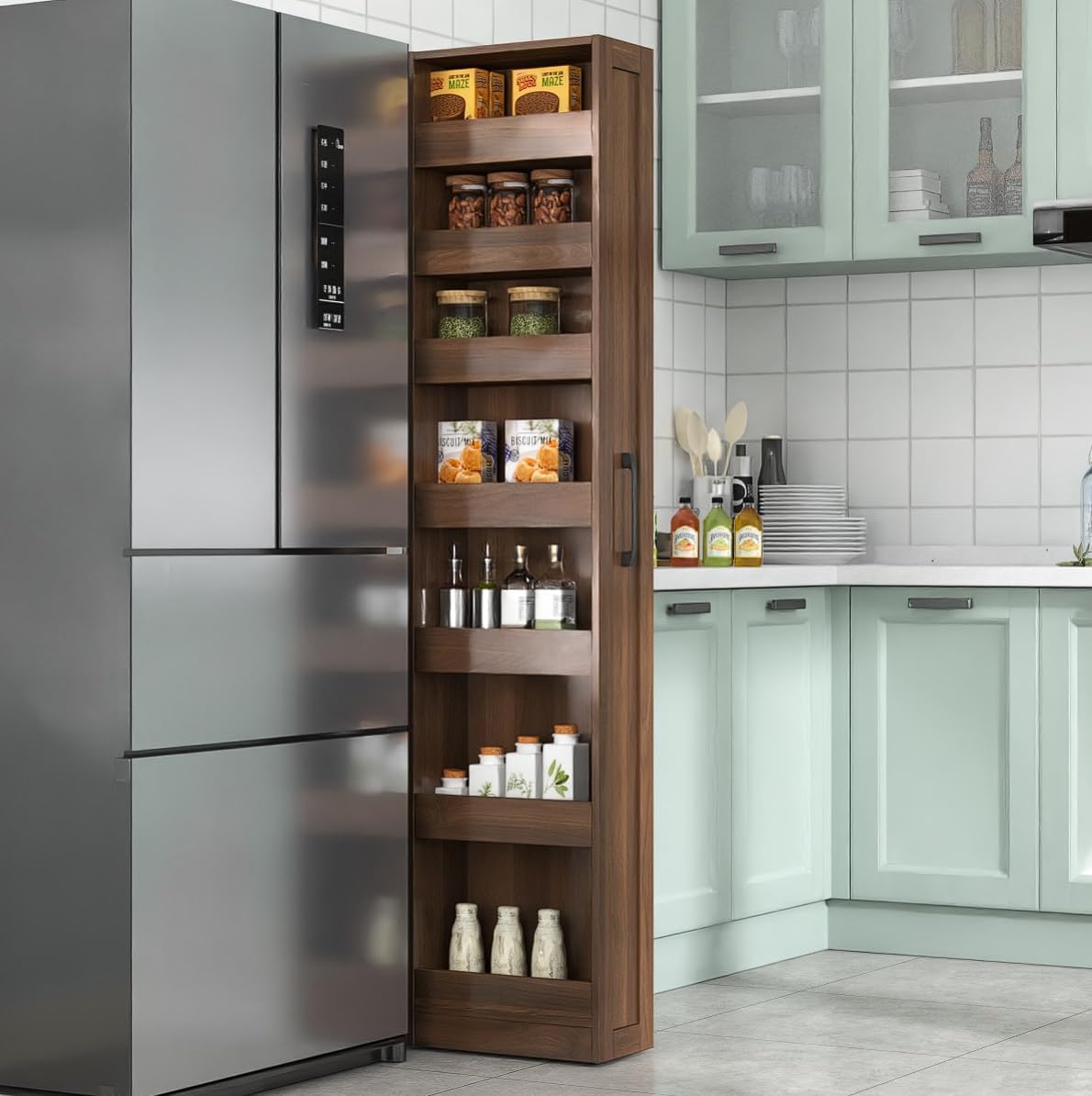 KEIKI 7 Tier Pull-Out Kitchen Pantry Storage Cabinet, Multi-Tier Single-sided Open Shelf, Spice Rack Next to Fridge, Freestanding Wood Hutch Food Pantries Cupboard for Dining Room, Narrow Spaces