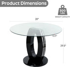 RGZ 39'' Modern Luxury Clear Glass Round Dining Table for 4-6, Glass Circle Top Kitchen Table with Elegant Silver Decorative Strips & Black Base, Small Apartment Dinner Table for Home, Living Room