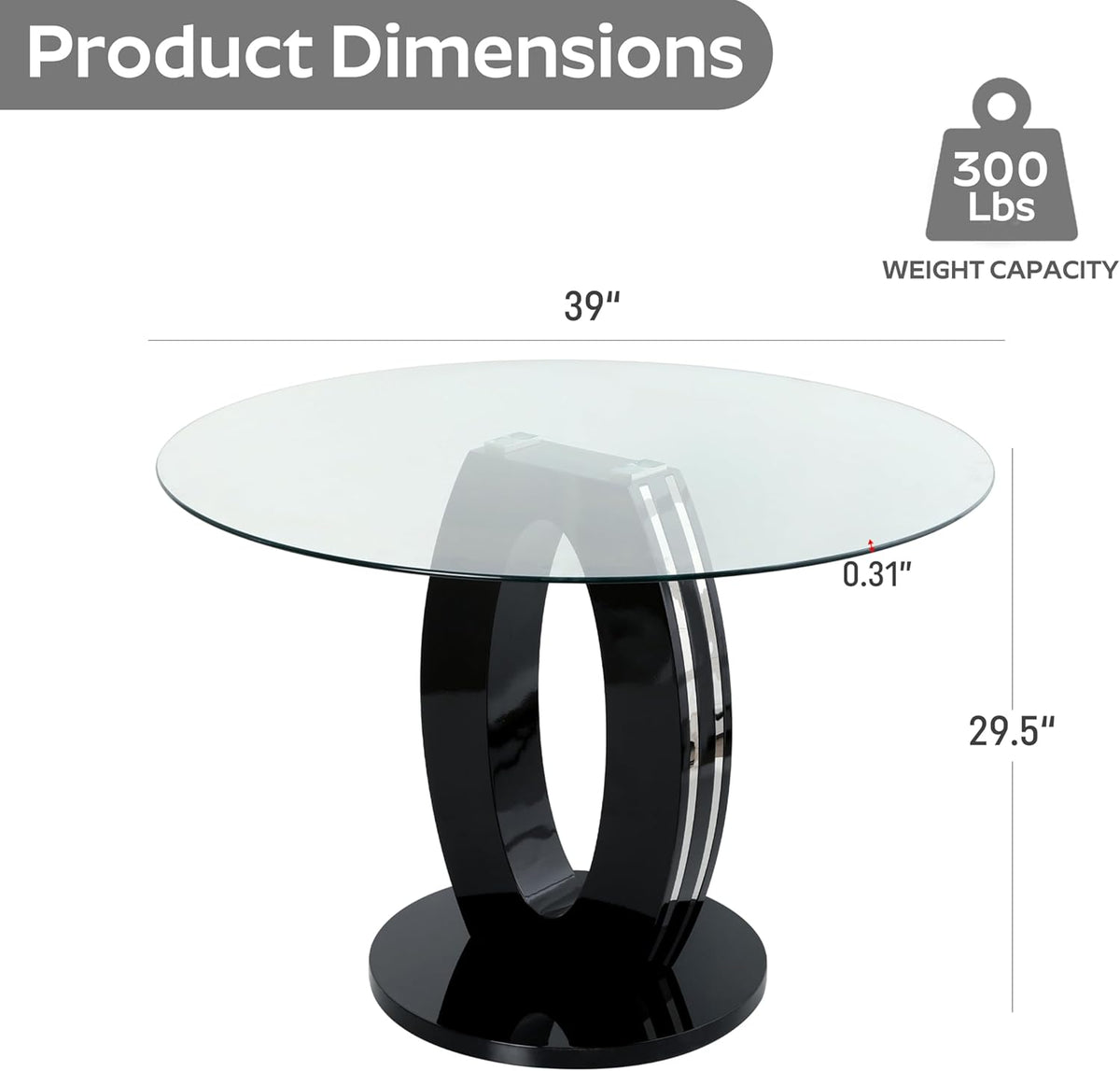 RGZ 39'' Modern Luxury Clear Glass Round Dining Table for 4-6, Glass Circle Top Kitchen Table with Elegant Silver Decorative Strips & Black Base, Small Apartment Dinner Table for Home, Living Room