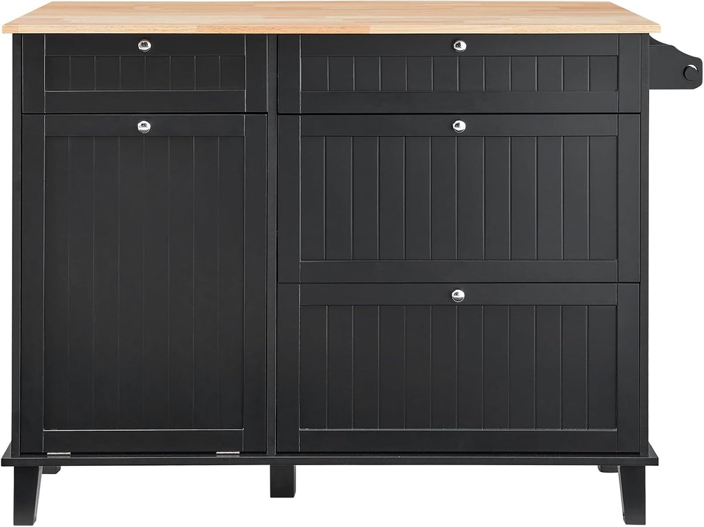 VEVOR Kitchen Island Cart, 50" Wood Top Breakfast Bar with Trash Cabinet Tilt Out 10 Gallon Storage, Farmhouse Dining Living Room Table with Drop Leaf, Towel Bar, Drawer, Black