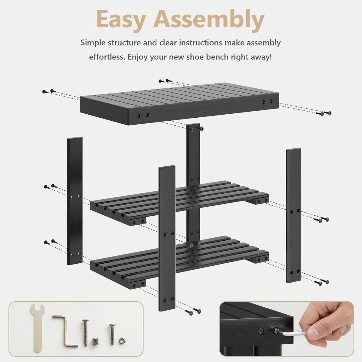 Sweetcrispy Shoe Rack Bench, 3-Tier Bamboo Entryway Storage Organizer, 286lb Capacity, Shoes Stand for FrontDoor Entrance, Bedroom, Living Room, Bathroom, Balcony, 19 Inches Length, Black