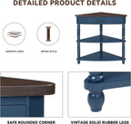33.86" Corner Table, Wood 3 Tier Triangle Side Table Corner Shelf Stand with Solid Wood Legs 1 Drawer & 2 Storage Shelves for Living Room Small Space (Navy Blue)