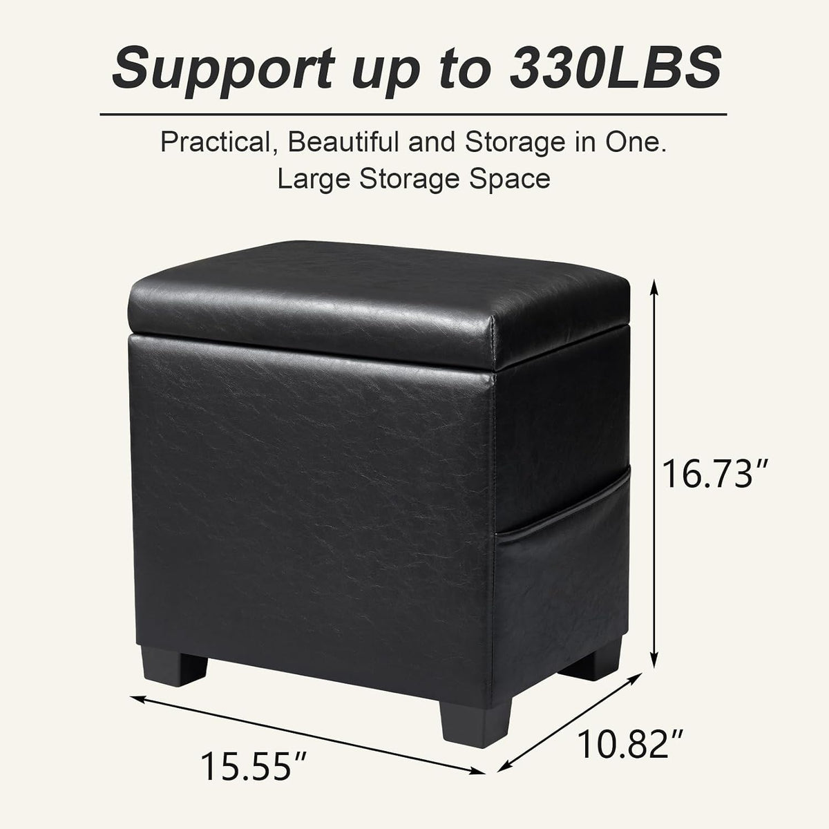 16" Faux Leather Storage Ottoman Foot Rest Stool with Wooden Tray, Footstool with Side Pocket & Wooden Legs, Small Space Coffee Table & Seat for Living Room, Bedroom, Dark Brown, Black