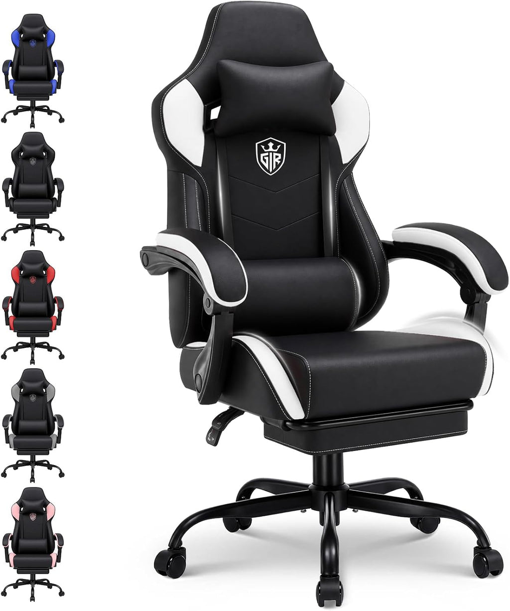 GTPLAYER Gaming Chair with Footrest, High Back Computer Chairs for Adults with Linkage Armrest Lumbar Support Heavy Duty 350lbs Ergonomic Swivel PC Game Chair for Office, White