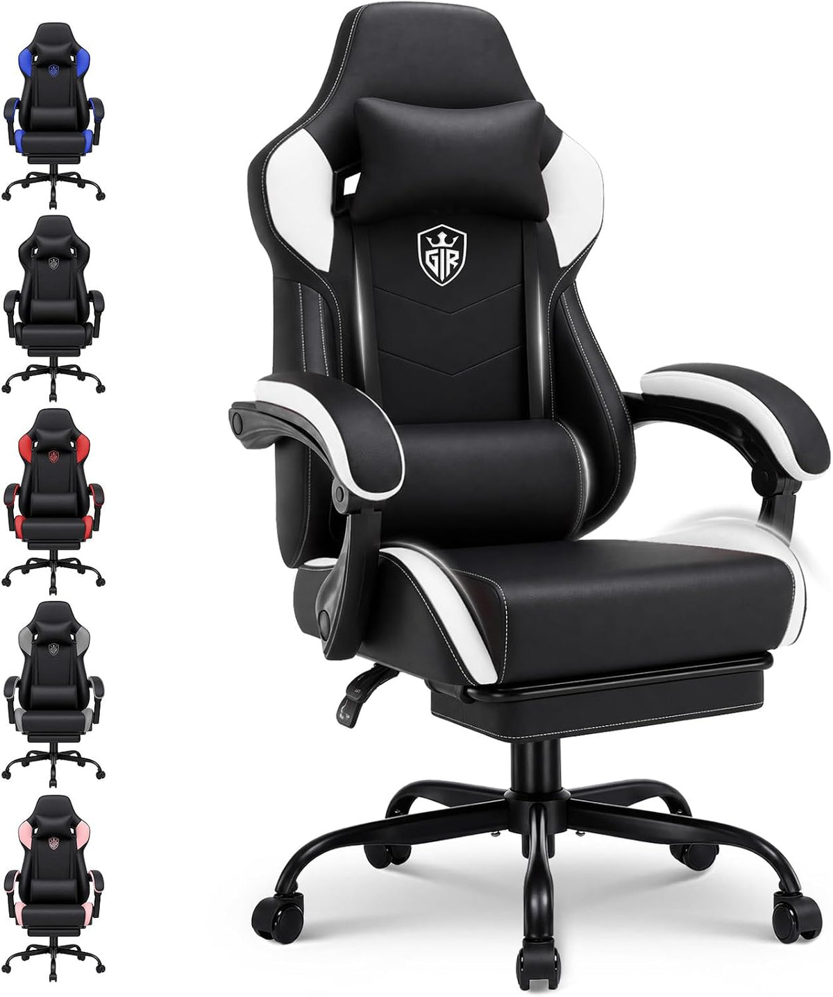 GTPLAYER Gaming Chair with Footrest, High Back Computer Chairs for Adults with Linkage Armrest Lumbar Support Heavy Duty 350lbs Ergonomic Swivel PC Game Chair for Office, White