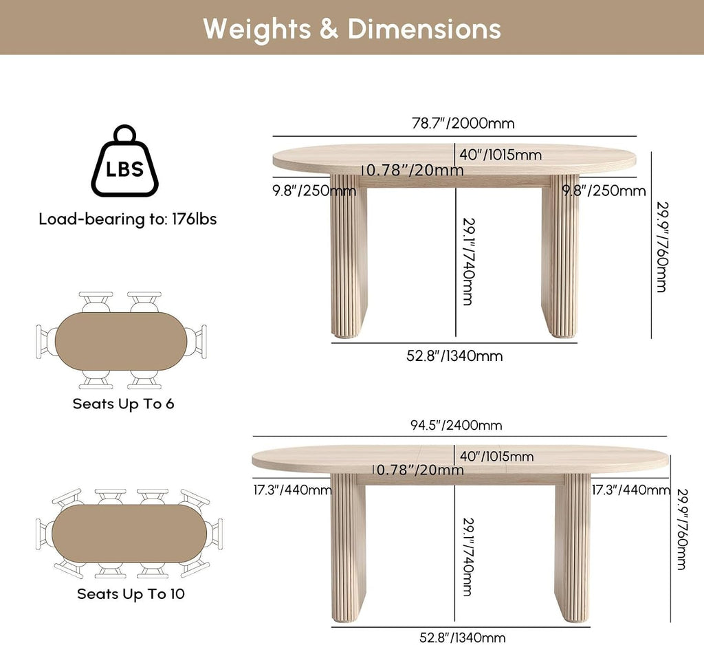 homary Oval Extendable Dining Table 79"–94", Japandi Wooden Dining Table for 6–10, Solid Wood Kitchen & Dining Room Table with Double Pedestal Base (Table Only)