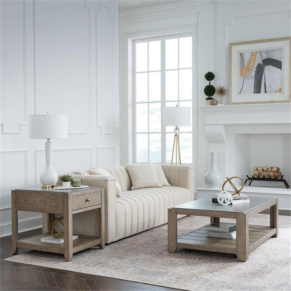 Pemberly Row 3-Piece Coffee Table Set, Rubberwood with Split Heart Cathedral White Oak Veneers, Nutmeg Finish, Includes Cocktail Table with Casters & 2 End Tables with Drawers, Tile Insert Tops for