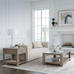 Pemberly Row 3-Piece Coffee Table Set, Rubberwood with Split Heart Cathedral White Oak Veneers, Nutmeg Finish, Includes Cocktail Table with Casters & 2 End Tables with Drawers, Tile Insert Tops for