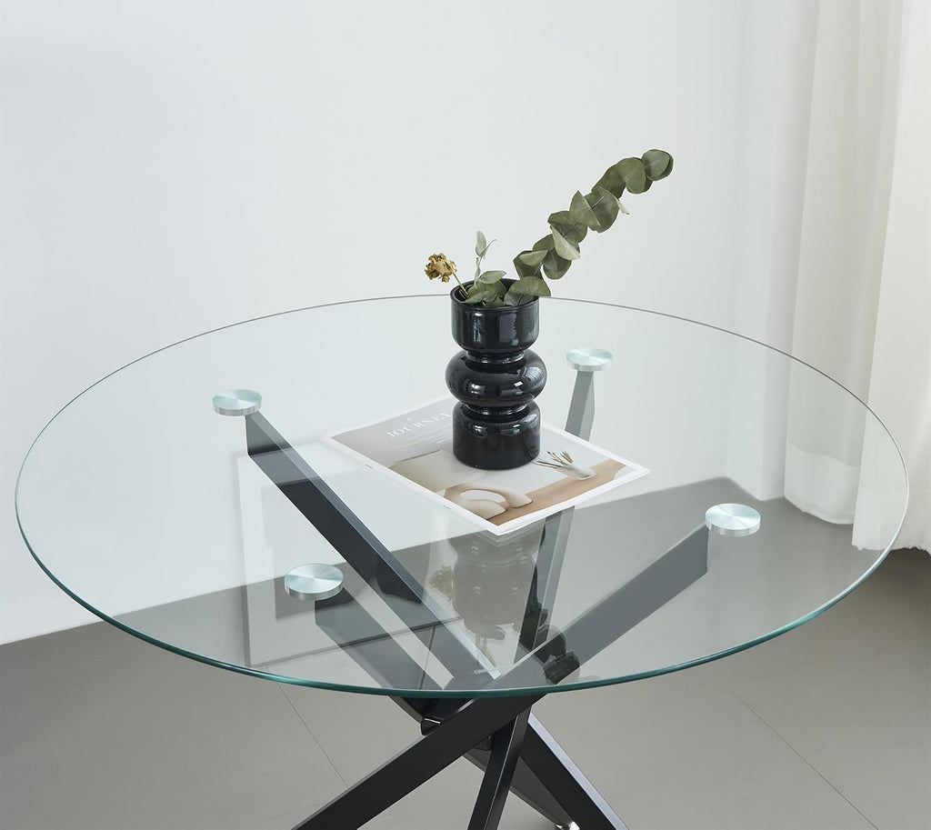 SSLine Modern 5-Piece Round Glass Dining Table Set for 4, Luxury 36" Circle Clear Glass Top Dining Room Table with 4 Clear Tufted Chairs for Kitchen Home Office