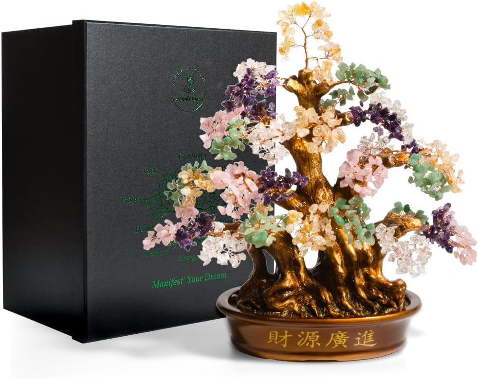 Natural Bonsai Feng Shui Money Tree, 18'', Includes Lucky Coins Chain, Tree of Life (1300 Gemstone Count), Good Luck and Wealth