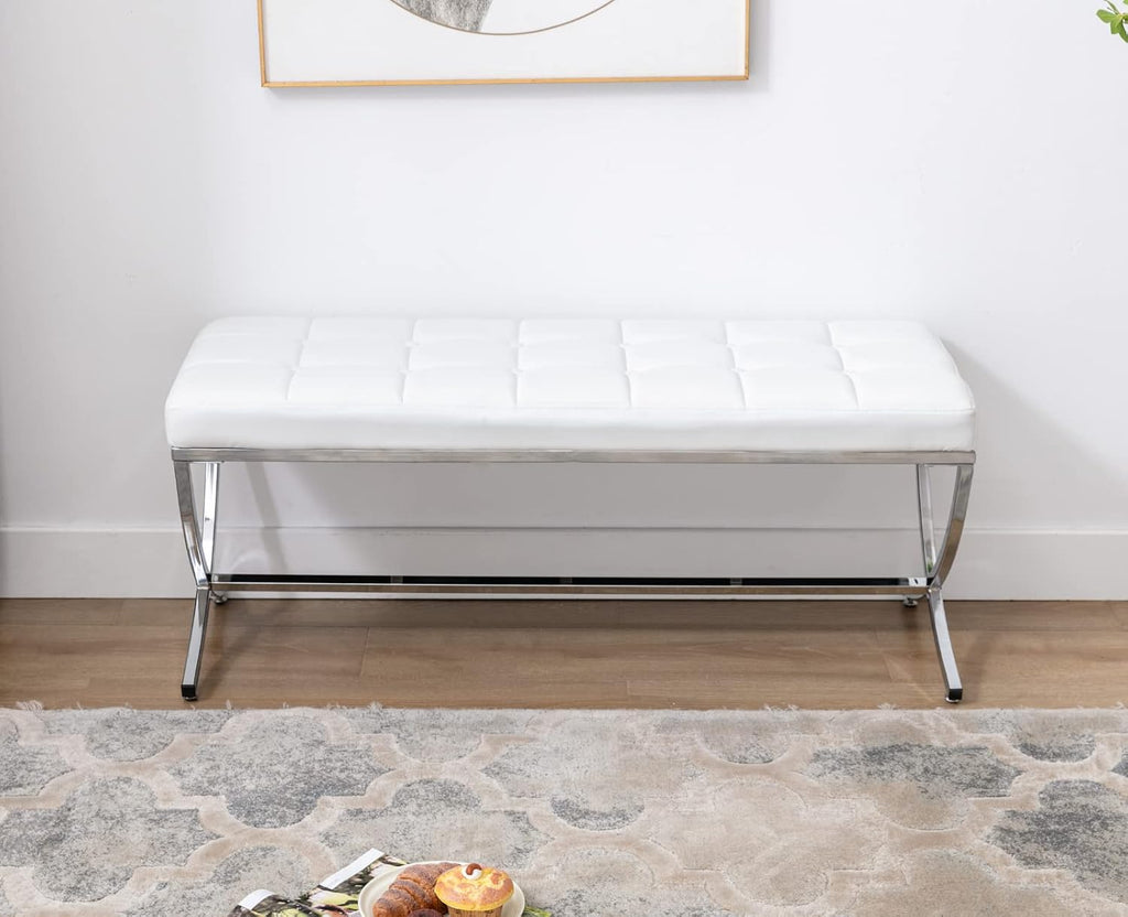 EALSON Modern Entryway Bench Leather Upholstered Dining Bench with Metal Base Button Tufted Ottoman Bench with Padded Seat Accent Foot Bench for Bedroom End of Bed/Living Room, White