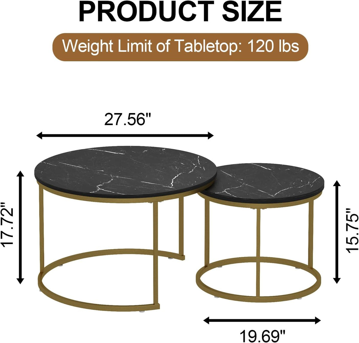 Nesting Coffee Table Set of 2, Wooden Marble Top (Black+Gold) | Nesting Tables, Sturdy Metal Frame, 120 LBS Capacity, Fits for Living Room, Bedroom, Easy Assembly