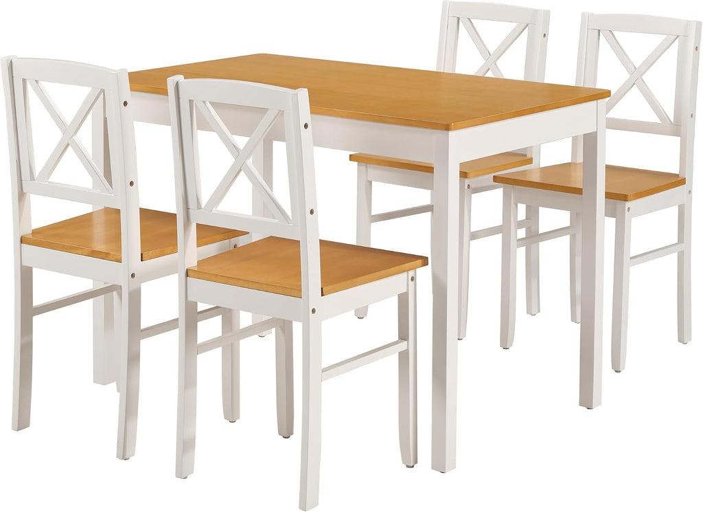 Harper & Bright Designs 5-Piece Dining Table and Chair Set for Apartment or Kitchen, Solid Rubberwood Kitchen Table Set, Space-Saving Design, Chairs Slide Under Table, Easy to Clean (Natural White)