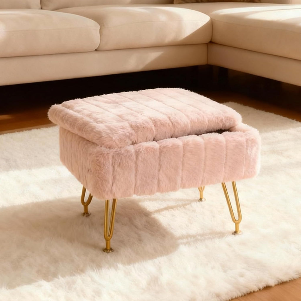 Small Foot Stool with Storage & Gold Metal Legs, Small Ottoman Foot Rest Under Desk for Couch, Chair, Pink Furry with High-Density Resilient Sponge