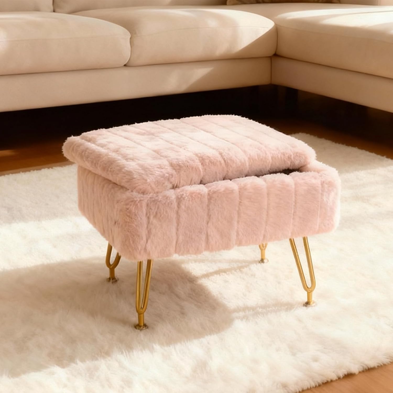 Small Foot Stool with Storage & Gold Metal Legs, Small Ottoman Foot Rest Under Desk for Couch, Chair, Pink Furry with High-Density Resilient Sponge