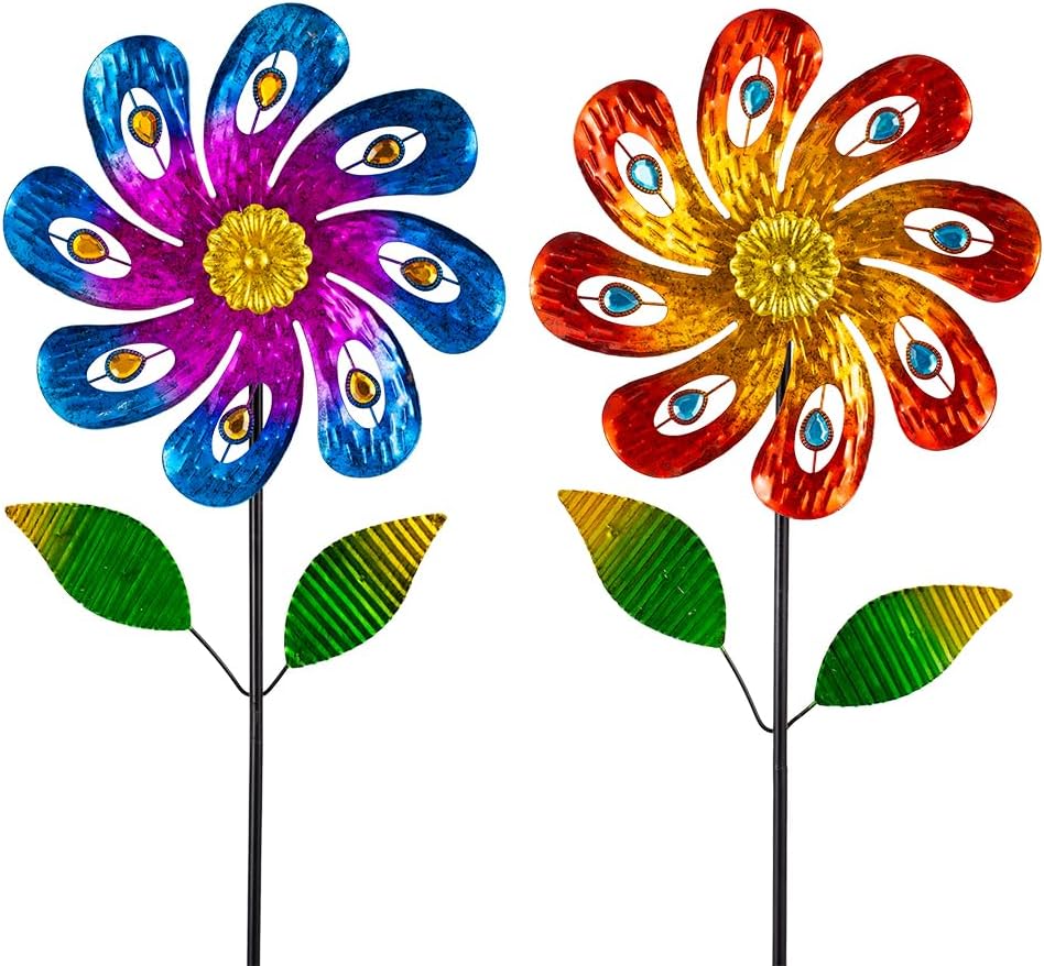 2 Packs Wind Spinners Outdoor, Metal Wind Sculptures & Spinners with Stake, Colorful Flower Windmill for Yard Patio Lawn Garden Decor, 36 x 9 Inches