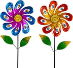 2 Packs Wind Spinners Outdoor, Metal Wind Sculptures & Spinners with Stake, Colorful Flower Windmill for Yard Patio Lawn Garden Decor, 36 x 9 Inches