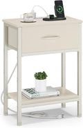 Vagusicc Nightstand with Charging Station, End Table with Fabric Drawer, Small Side Table with 2-Tier Storage Shelves, 25.4" Tall Night Stand, Bedside Table for Bedroom, Living Room, Dorm, Beige