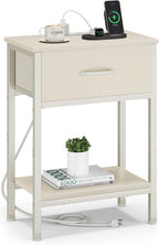 Vagusicc Nightstand with Charging Station, End Table with Fabric Drawer, Small Side Table with 2-Tier Storage Shelves, 25.4" Tall Night Stand, Bedside Table for Bedroom, Living Room, Dorm, Beige