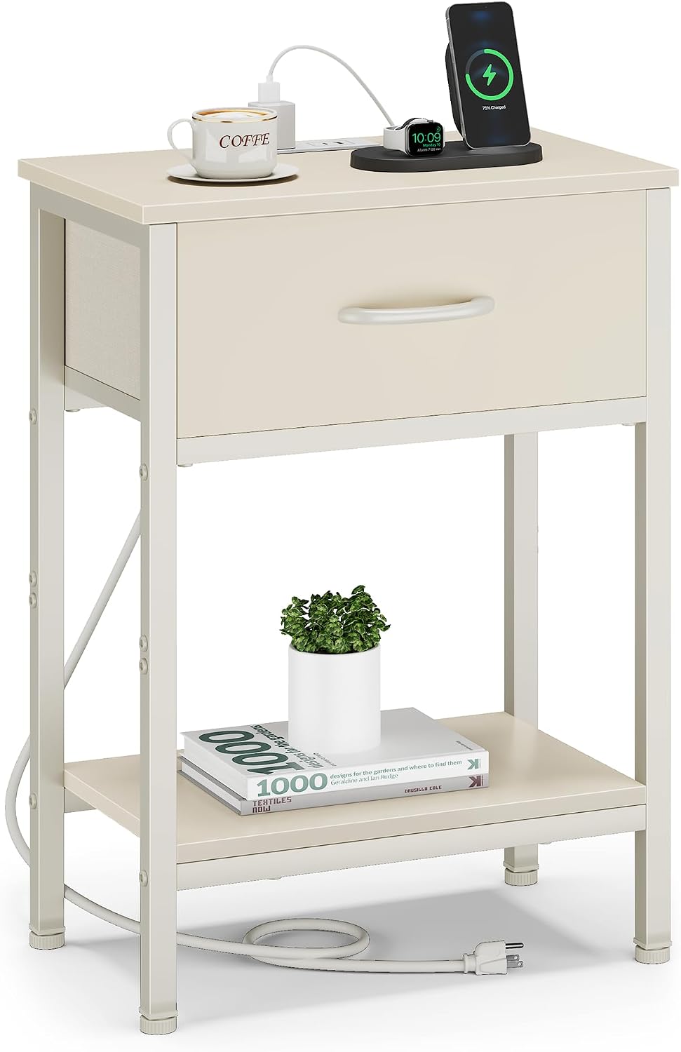 Vagusicc Nightstand with Charging Station, End Table with Fabric Drawer, Small Side Table with 2-Tier Storage Shelves, 25.4" Tall Night Stand, Bedside Table for Bedroom, Living Room, Dorm, Beige