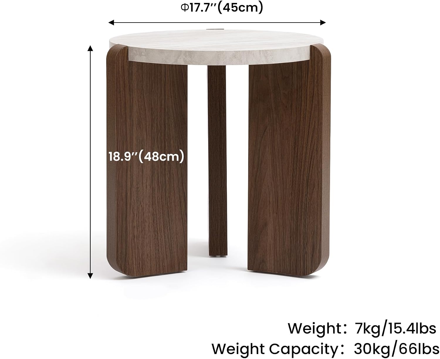 HOMPUS Farmhouse Round End Table, French Country White Bedside Table, Faux Marble Tabletop Sofa Table, Accent Side Table for Living Room, Bedroom, Office, Small Spaces, Easy Assembly (White + Brown)