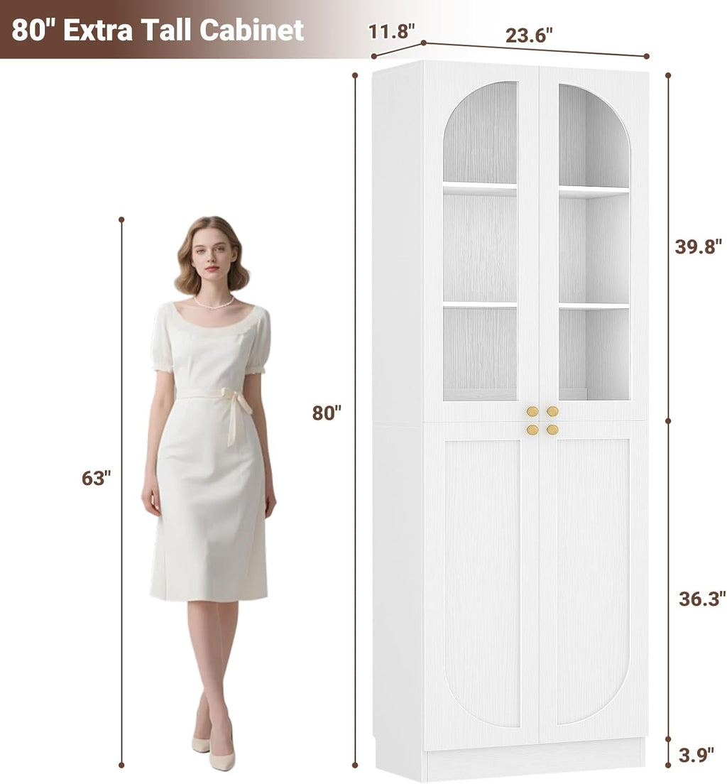 Cyclysio 80" Kitchen Pantry Cabinet with Tempered Glass & Soft Close Doors | Tall Arch Storage Cabinet, Freestanding Wood Floor Cupboard Bookcase with Seamless Fit Wall for Dining Living Room, Bathroom
