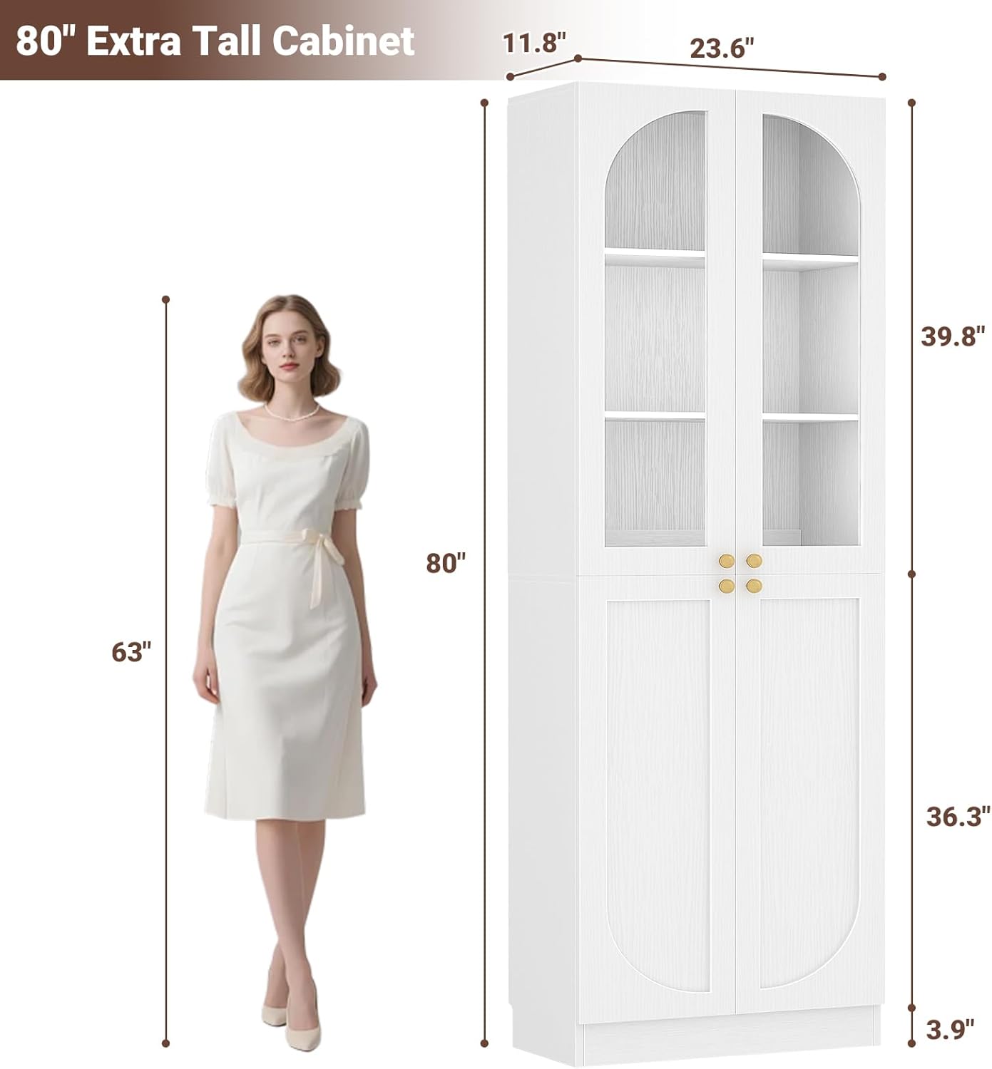 Cyclysio 80" Kitchen Pantry Cabinet with Tempered Glass & Soft Close Doors | Tall Arch Storage Cabinet, Freestanding Wood Floor Cupboard Bookcase with Seamless Fit Wall for Dining Living Room, Bathroom