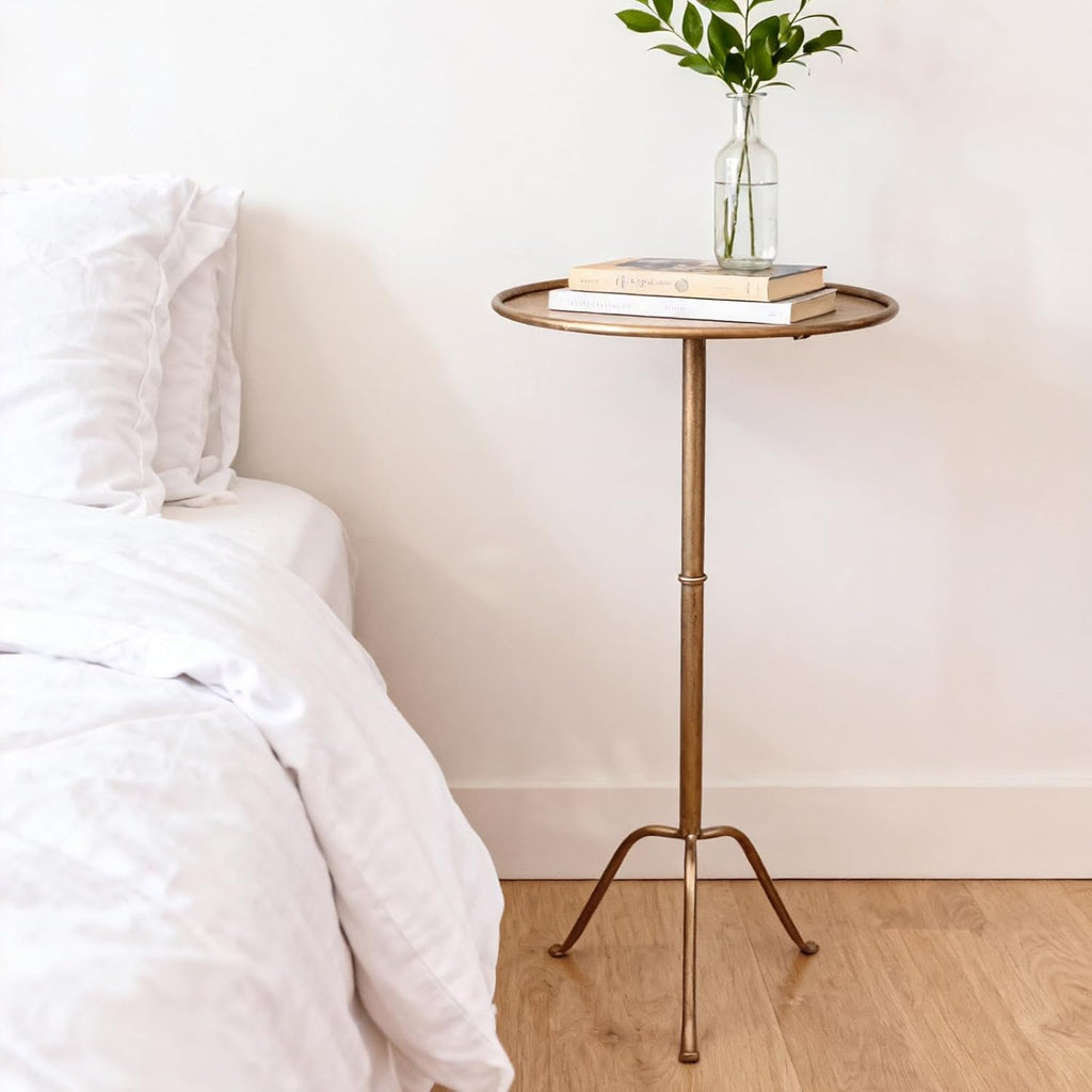 Metal Martini Side Table, Antique Brass – Compact Art Deco Design, Raised Edge, Easy Assembly, 12.5" Diameter, 27.5" Height, Stylish and Functional Cocktail Table