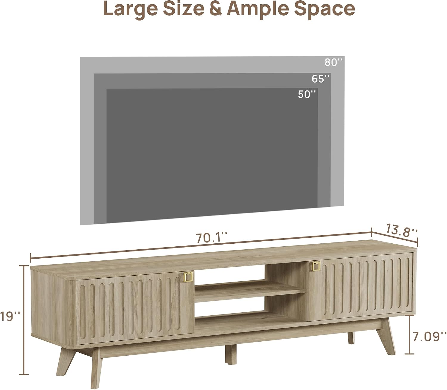 SICOTAS Fluted Modern TV Stand, 70" TV Console for Living Room | Mid Century Entertainment Center with Storage Cabinets, Media Console Table for 65/75/80 Inch TV, Light Oak