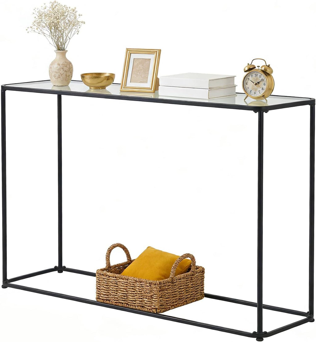 DDK Narrow Console Table 47 Inch, Thin Sofa Side Table with Glass Top & Metal Frame, Entryway Table with Open Storage for Hallway Living Room, Modern Slim Console Table for Small Spaces
