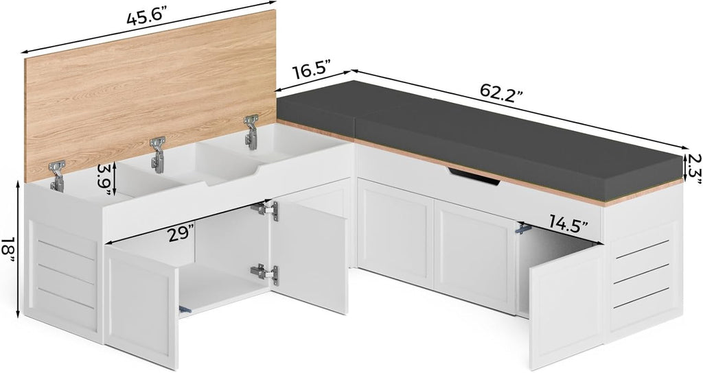 Kikihouse L-Shaped Corner Storage Bench with Cushion, Backless Wood Bench with Hidden Storage, for Dining Nook, Kitchen, Entryway, Cloakroom (Bench+Dark Gray Cushion)