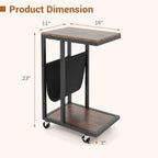 Giantex C Shaped End Table with Rolling Wheels, Sofa Side Table with Magazine Storage Holder & Metal Frame, Mobile TV Tray Table for Small Space Living Room, 16" L x 11" W x 23" H, Rustic Brown