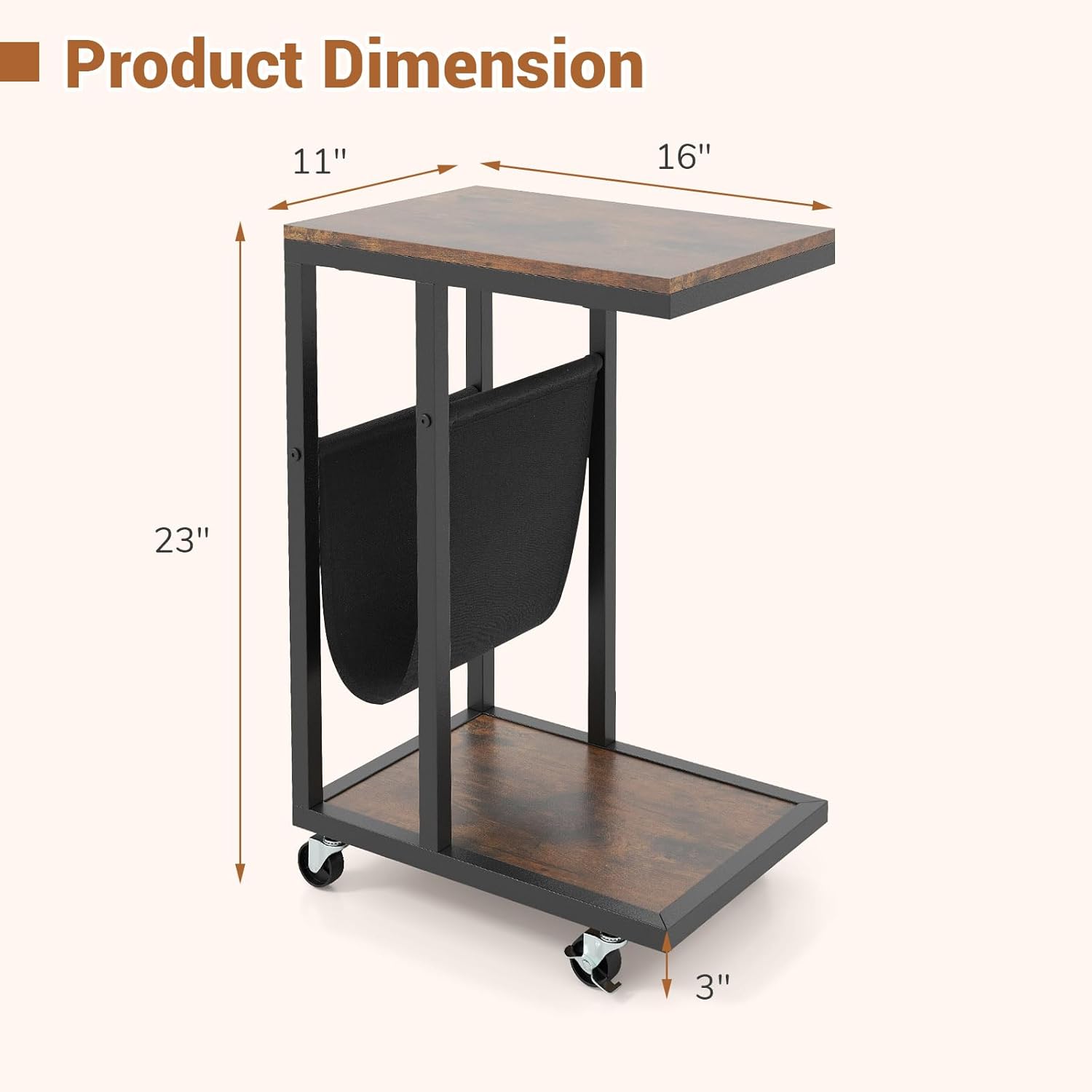Giantex C Shaped End Table with Rolling Wheels, Sofa Side Table with Magazine Storage Holder & Metal Frame, Mobile TV Tray Table for Small Space Living Room, 16" L x 11" W x 23" H, Rustic Brown