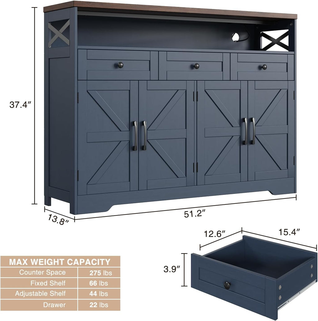 Befrases Farmhouse Buffet Cabinet with Drawers & Open Shelf, Sideboard with Storage, Kitchen Pantry Cabinet Hutch, Coffee Bar Station for Kitchen, Livingroom, 52" L Blue