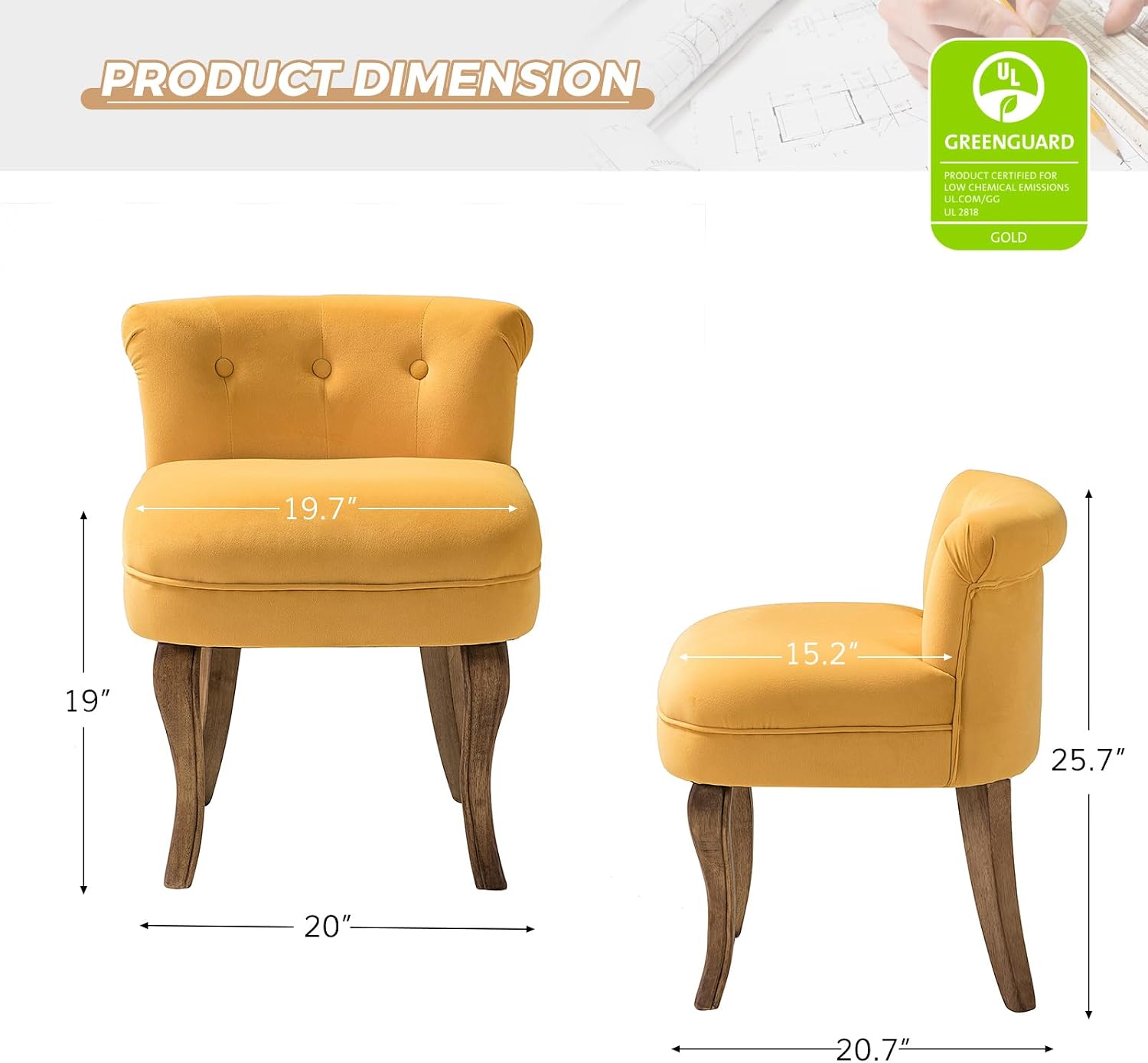 HULALA HOME Velvet Vanity Stool with Low Back, Mustard | Small Modern Vanity Chair with Solid Wood Legs for Women Girls, Bedroom, Dressing Table