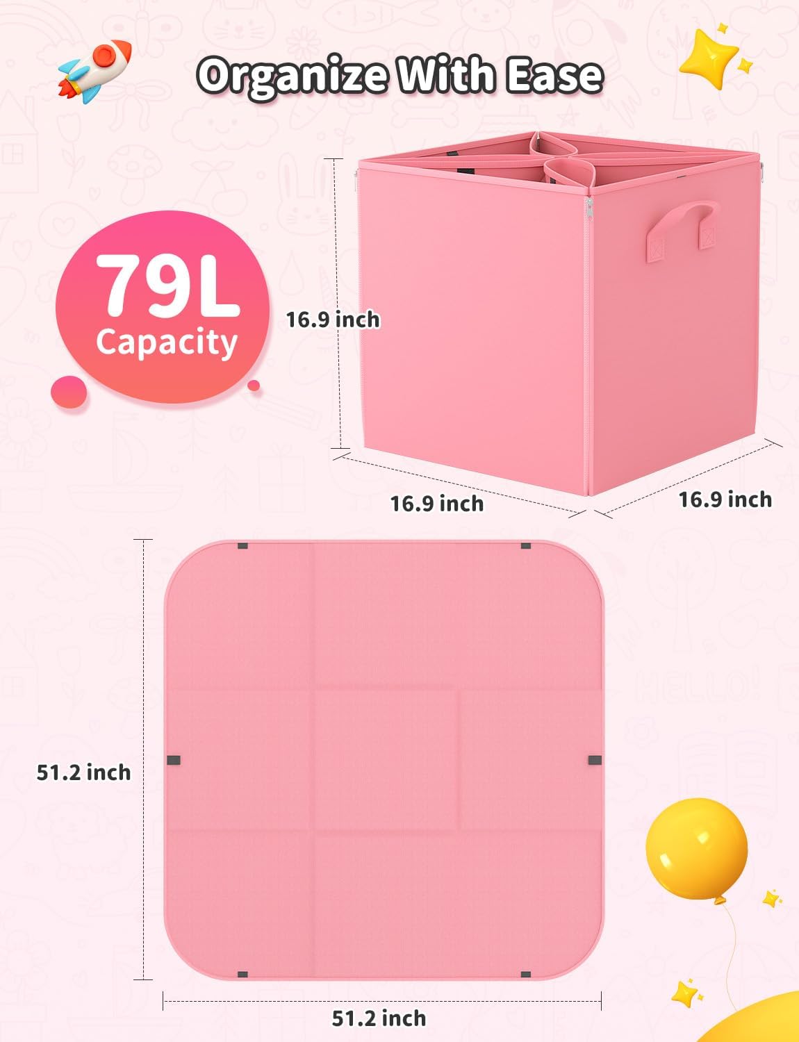 YOHOOLYO 2 In 1 Toy Storage Play Mat, Storage Box for Kids Children Space Adventures Design,Nursery, Playroom, Basket for Building Bricks Blocks Collapsible Cube Bin, 16.9"x16.9"x16.9"