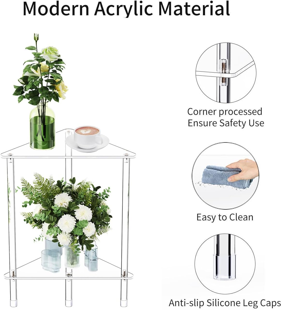 Clear Triangle Acrylic Side Table for Small Space, 11.81" L x 11.81" W x 19.82" H, 2-Tier Transparent Corner Shelf Stand End Table, Corner Storage Display Rack for Living Room Bedroom Bathroom