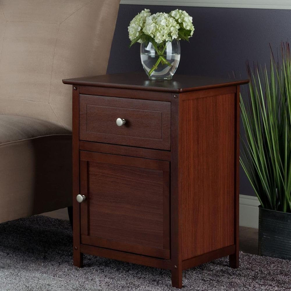 Wood Eugene Accent Table Walnut Finish Compact Side Table with Drawer and Cabinet Solid and Composite Wood Ideal for Bedroom Living Room or Entryway Storage