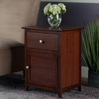 Wood Eugene Accent Table Walnut Finish Compact Side Table with Drawer and Cabinet Solid and Composite Wood Ideal for Bedroom Living Room or Entryway Storage