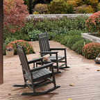 HDPE Rocking Chair Outdoor Set of 2 with Side Table, High Back Rocker | All Weather Resistant & Wood Textured Furniture for Patio Front Porch - Black