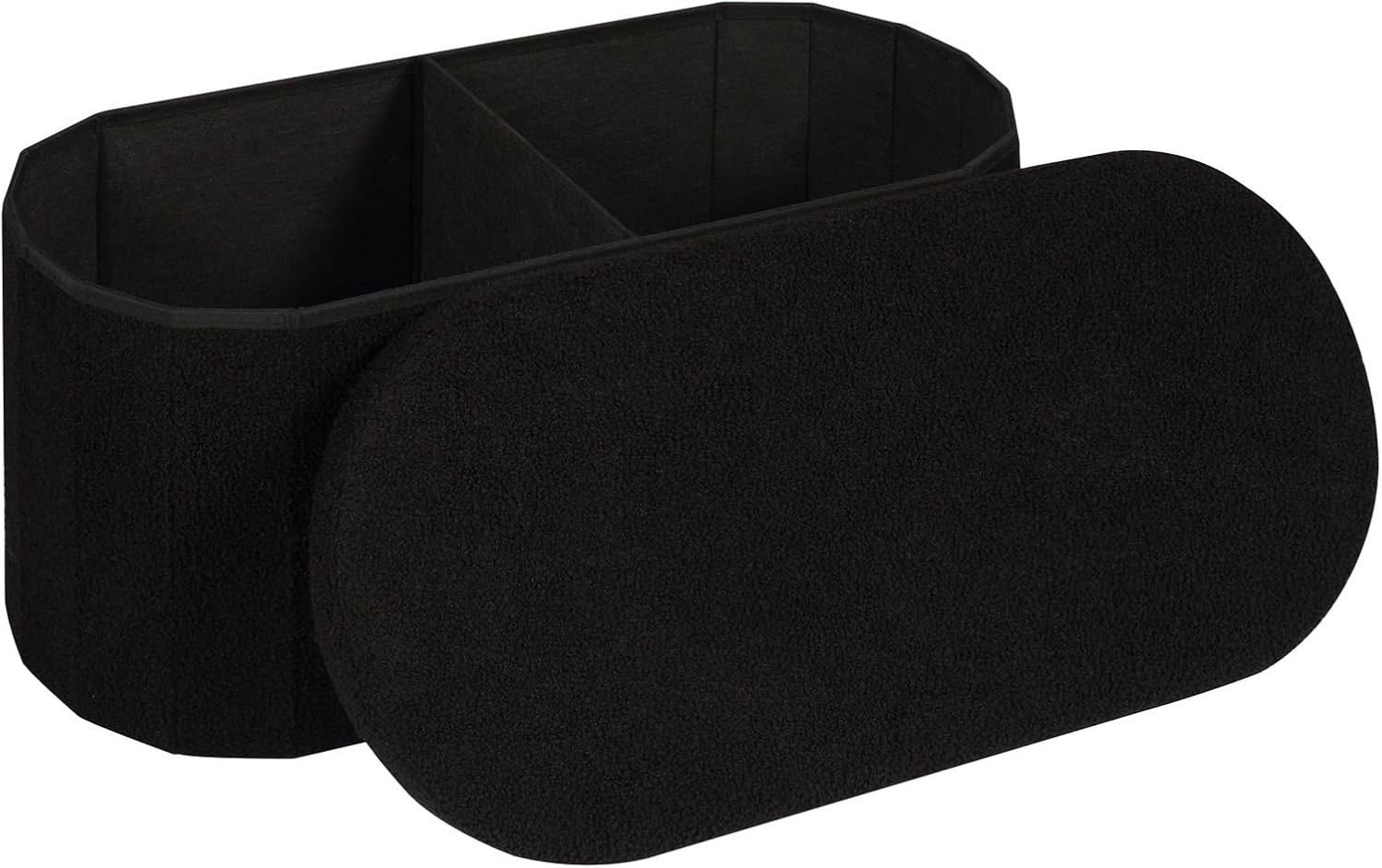 30" Oval Foldable Ottoman with Storage, Teddy Boucle Fabric Footrest, Storage Bench for Living Room, Bedroom, Entryway, Dorm, Black