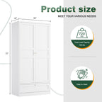 Letaya Wardrobe Closet,72" H Clothing Metal Storage Cabinet with Storage Drawer Adjustable Shelves and Hanging Rod,Bedroom Armoire Cabinet Clothes Organizer (White)