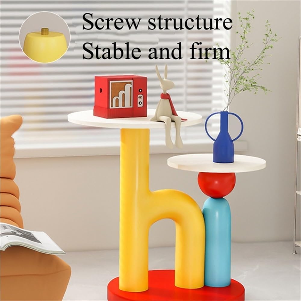 Round End Table with Double-Layer Tabletop, Cute HI-Shape Side Table, Colorful Bedside Table with Stable Base, Coffee Table for Living Room